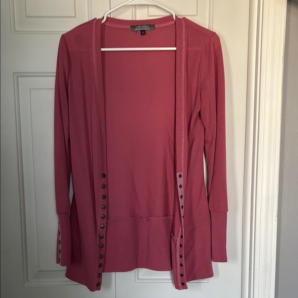 Pink Open Front Button-Trim Cardigan Sweater